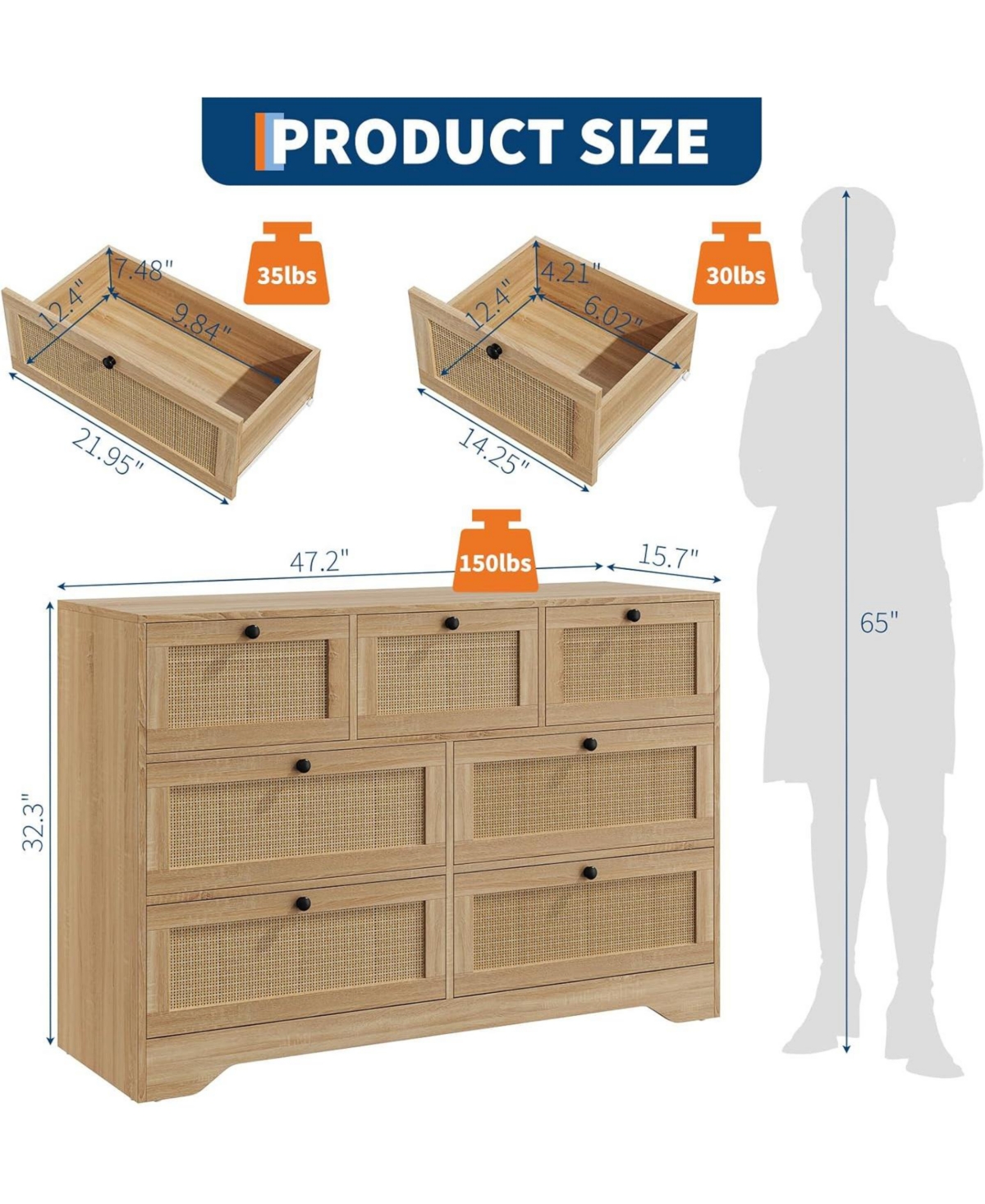 gaomon Rattan 7 Drawer Dresser for Bedroom Farmhouse Modern Dressers Chests of Drawers Storage Organizer