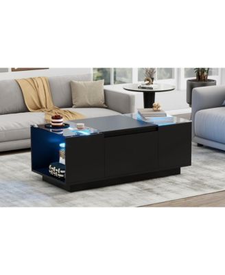 LED Coffee Table – Modern High-Gloss Center Table with Glass Top, Open Storage & 2 Hidden Drawers