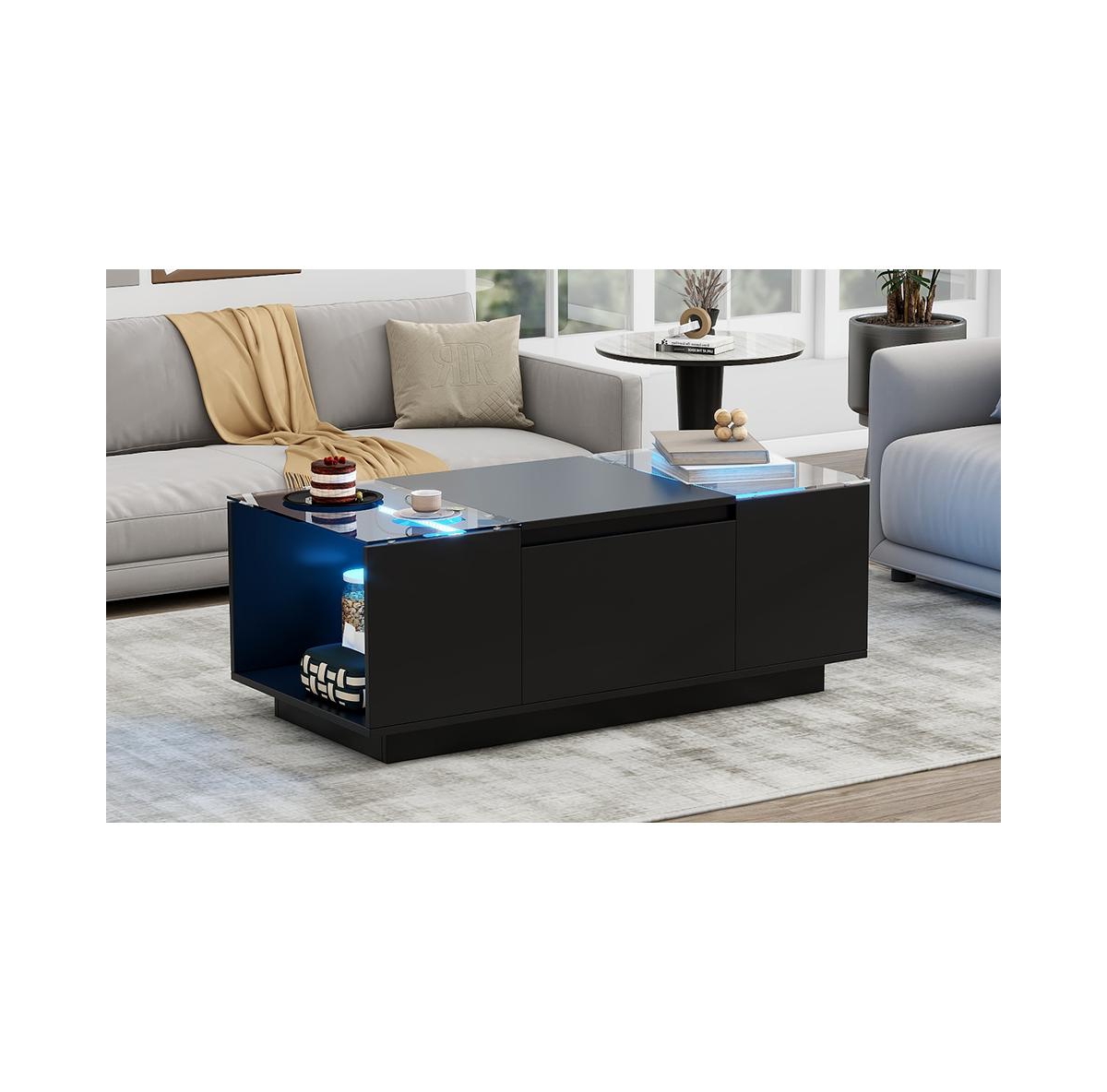 Lovmor Led Coffee Table – Modern High-Gloss Center Table with Glass Top, Open Storage & 2 Hidden Drawers