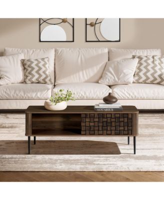 Dark Oak with Basket Weave Design Manufactured Wood 1-Sliding Door Coffee Table