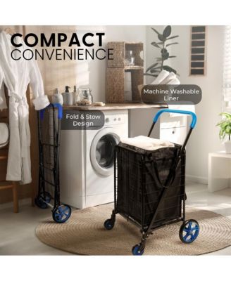 Folding Utility Cart with Liner, Heavy-Duty, 360&amp;#xB0; Swivel Wheels, 70 lb Capacity, Portable for Groceries, Laundry &amp; More (Red)