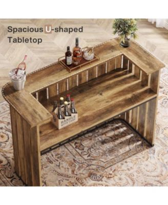 63-Inch Home Bar Unit, Farmhouse Liquor Bar Table with Storage Shelves, 2-Tier Wine Bar Cabinet Mini Bar Table, Rustic Brown