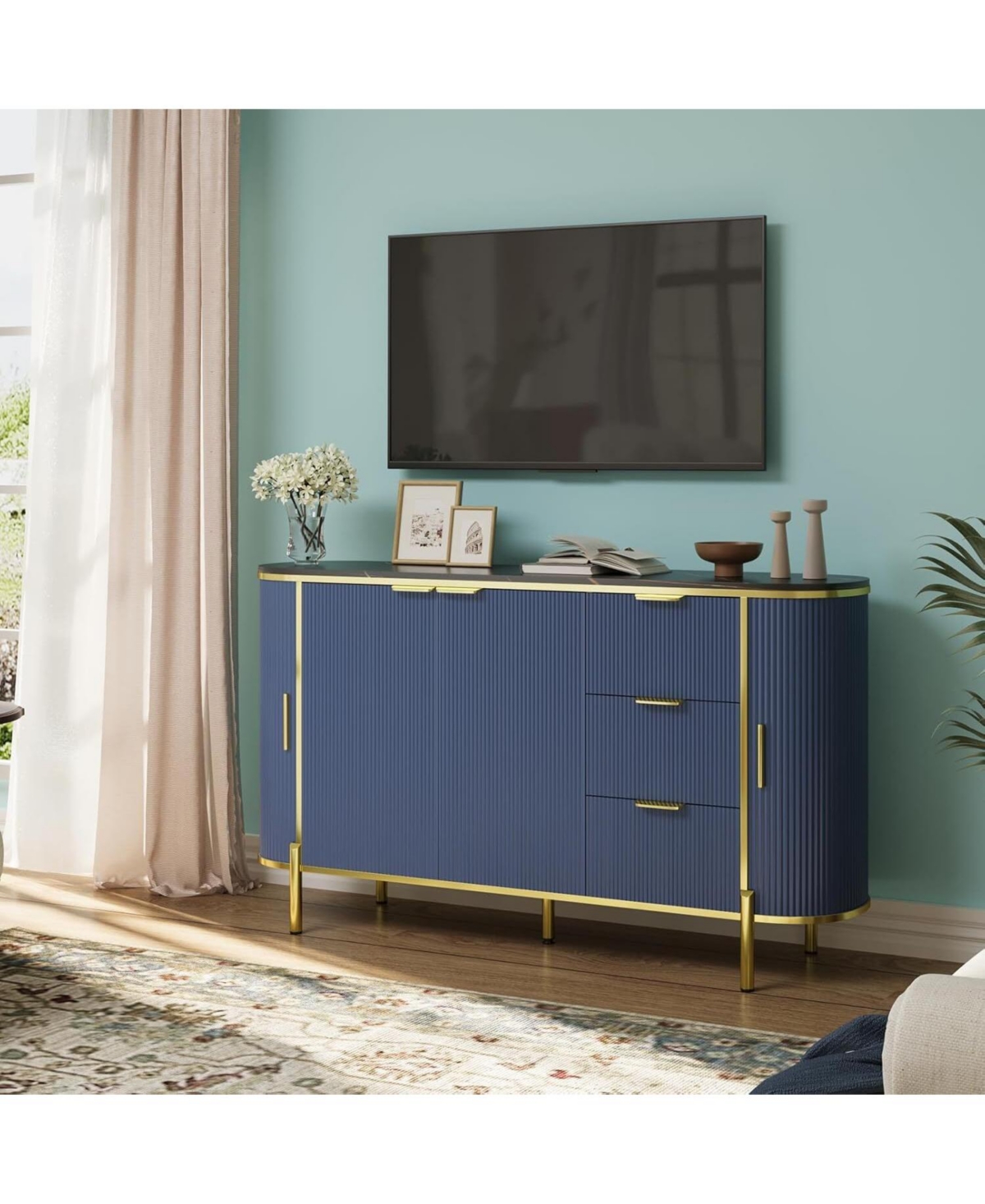 Gaomon 59in Blue Sideboard Buffet Cabinet, Modern Fluted Tv Console with 3 Drawers & Adjustable Shelf for Kitchen, Dining Living Room