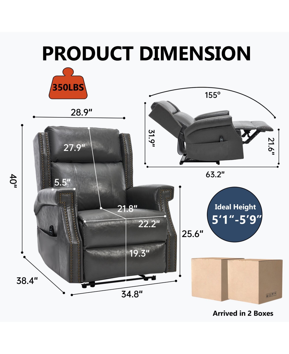 Boyel Living Faux Leather Manual Recliner Chair for Room with 8 Vibrating Nodes and 155-Degree Recline