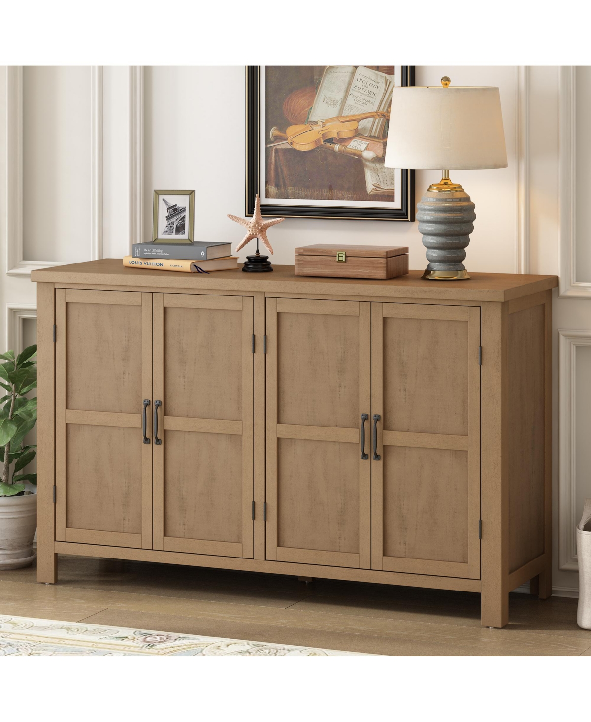 Lovmor Retro Style Sideboard with Four Doors Vintage Metal Handles Sturdy Pinewood Legs and Adjustable Shelves