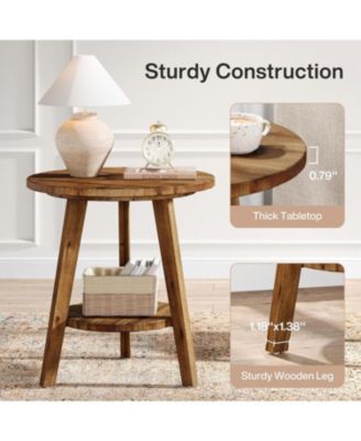 Solid Wood Round End Table, Sofa Side Table with Storage Shelf, Farmhouse Nightstand for Living Room, Bedroom