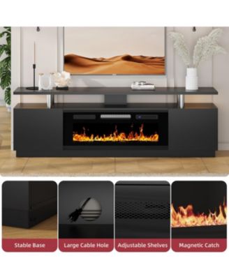 80" TV Stand with 36" Electric Fireplace, 12 Flame Colors, Glass Shelves, Storage Cabinets, Black Finish