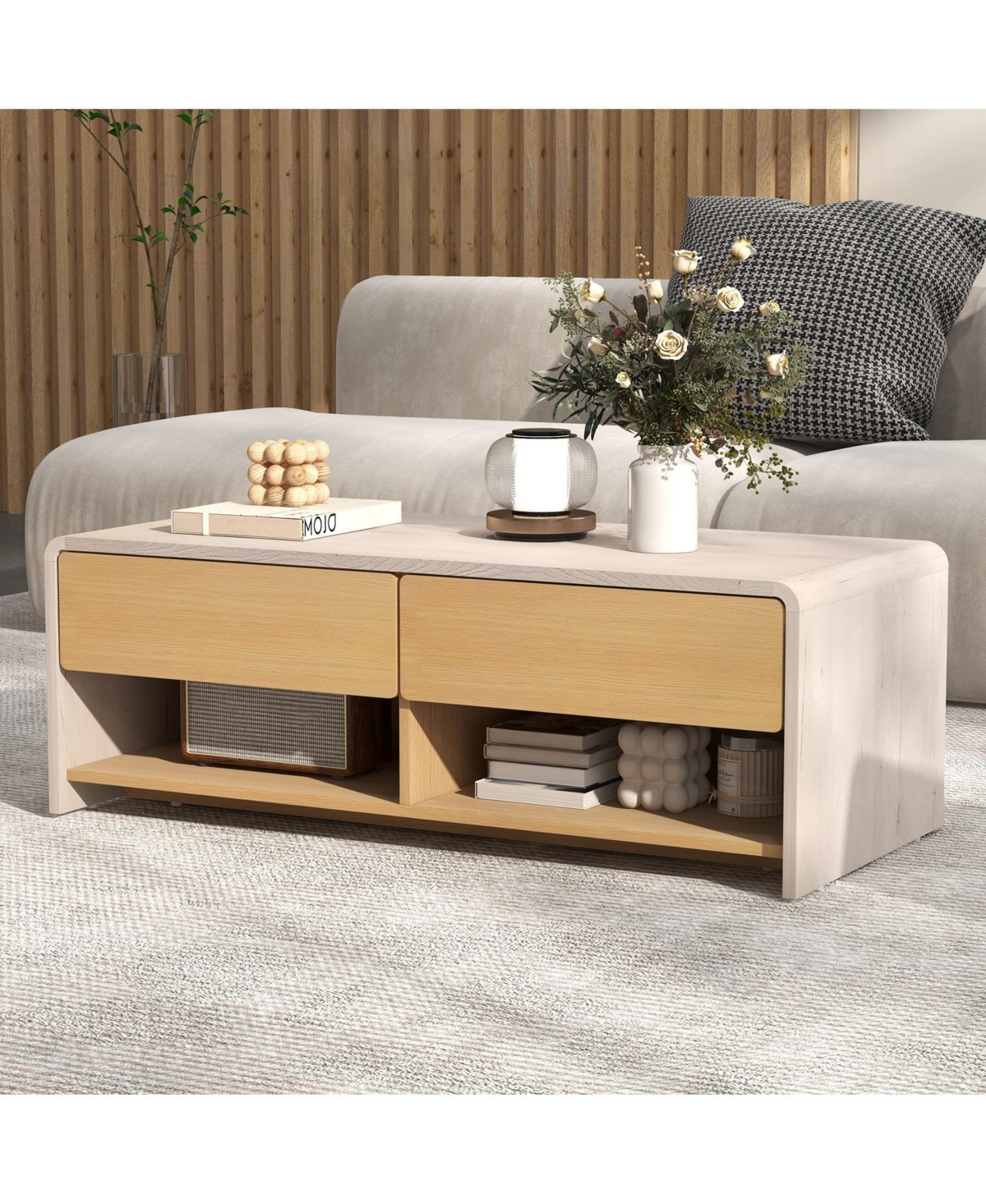 Gymax Home Coffee Table w/ 2 Drawers & 2 Storage Shelf Rectangle Table Cocktail Table