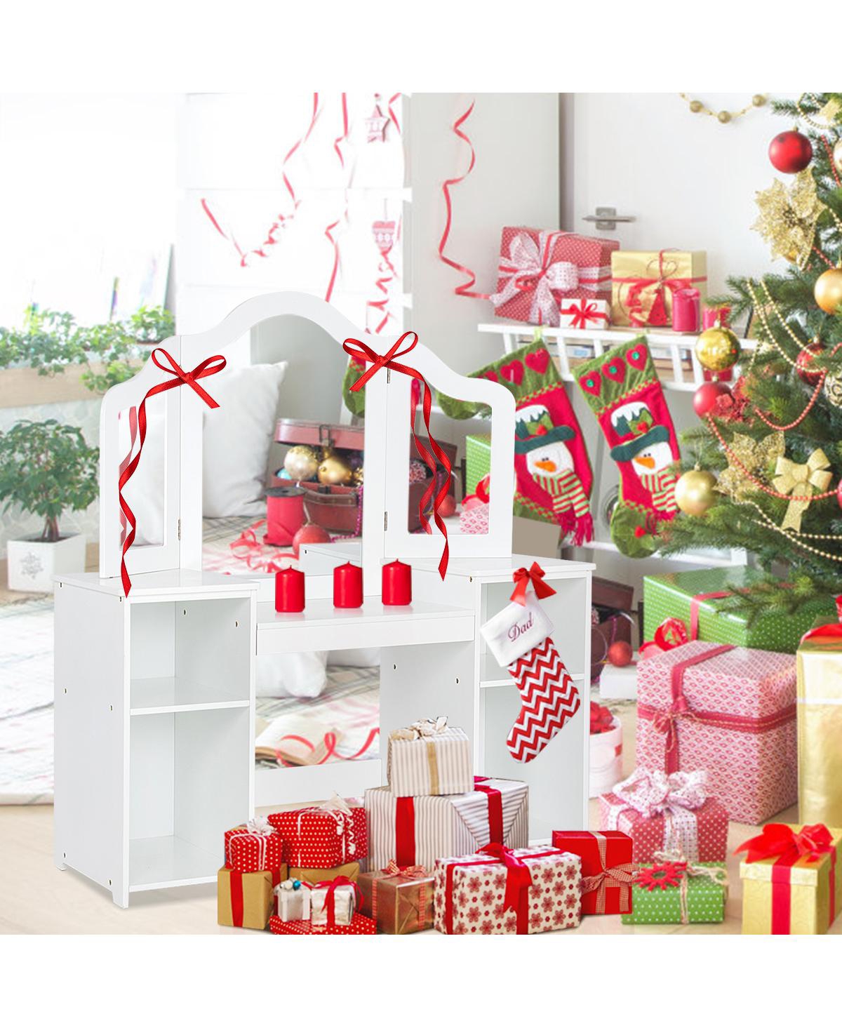 Costway Vanity Table Set Makeup Dressing Kids Girls Study Table Tri Folding Mirror