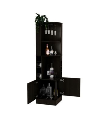 Corner Cabinet with 2 Doors 8 Bottle Cubbies 2 Shelves and 12 Wine Glass Rack