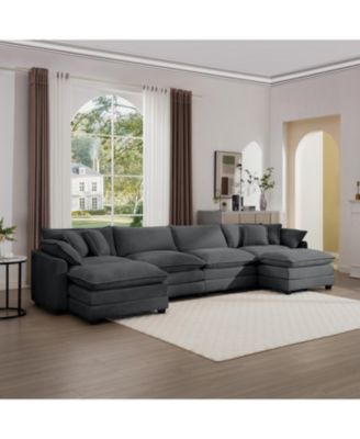 Corduroy 4-Seater Sofa with 3 Footstools & Pillows
