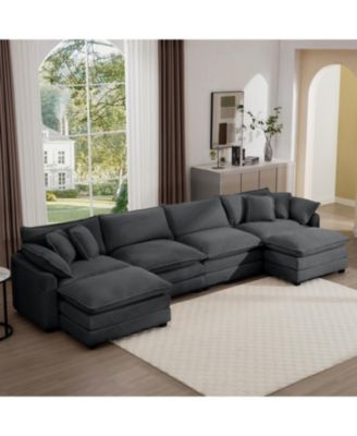 Corduroy 4-Seater Sofa with 3 Footstools & Pillows