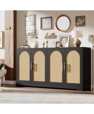 59” Sideboard Buffet Cabinet - Large Credenza Storage with 4 Rattan Doors, Modern Console Table Accent Coffee Bar Cabinet