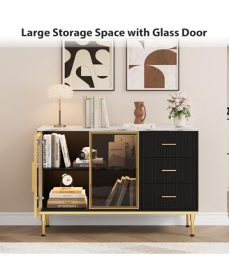 Fluted Sideboards Buffets Cabinet with Glass Doors, 3 Drawers, Marble Top Kitchen Sideboard Cabinet