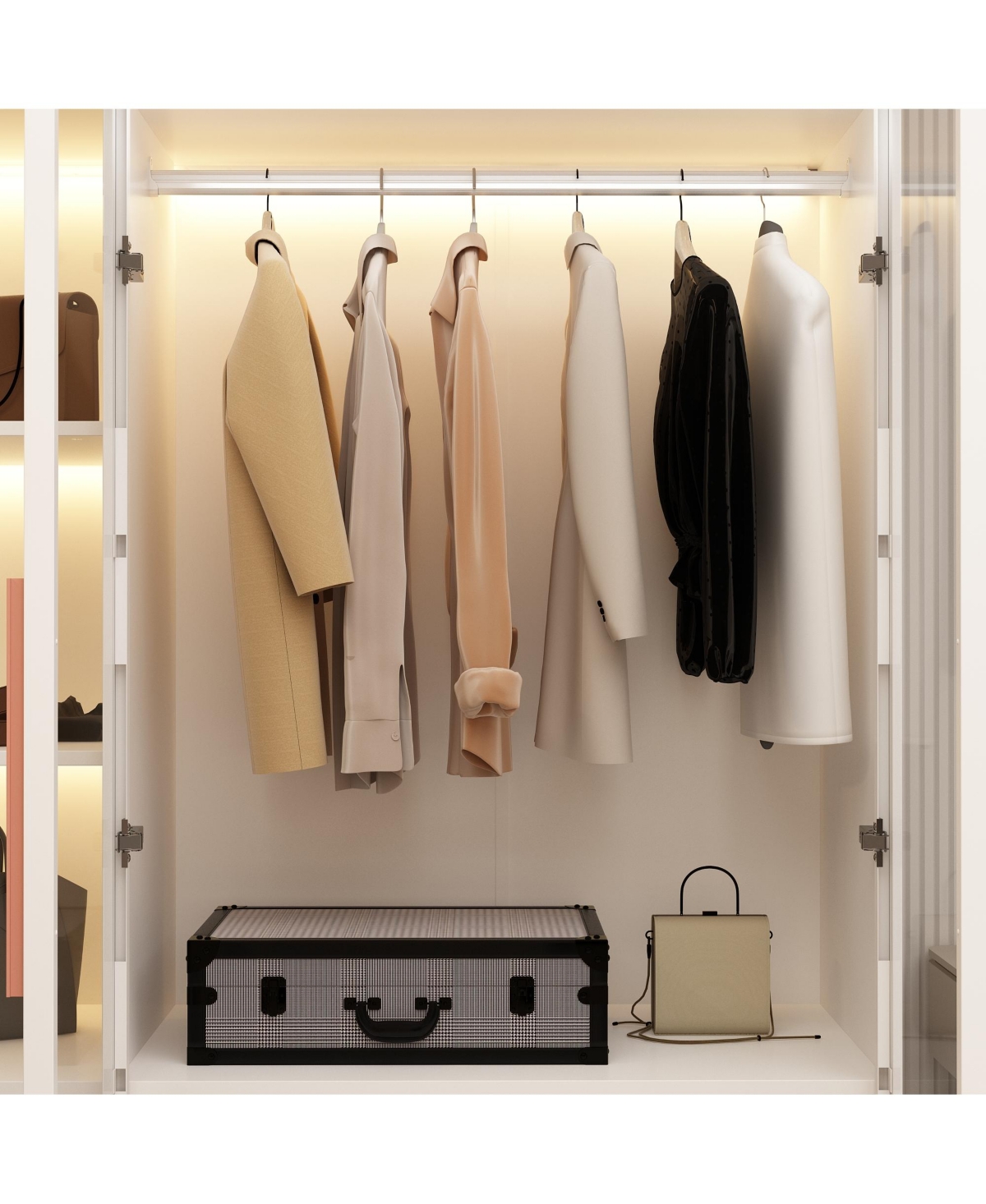 Homsee 47 Inch W Glass Doors Armoires Metal Frame Wardwore with Led Lights, Hanging Rod (74.8 in. H x 19.2 in. D