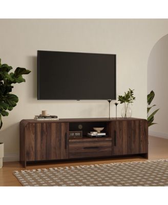 Mid-Century Walnut Finish 2-Door 1-Drawer TV Console, Engineered Wood Entertainment Stand with Storage