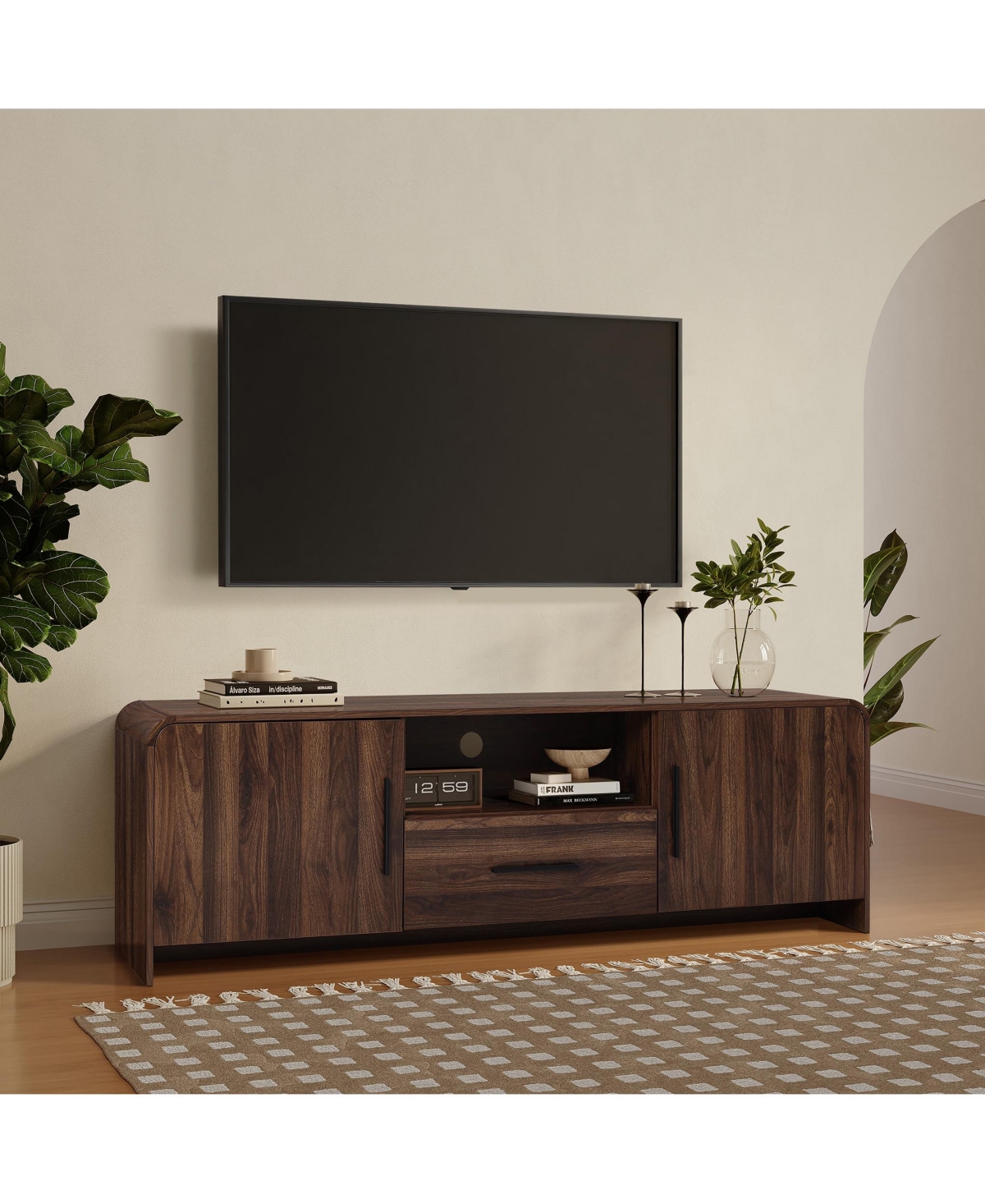 LuxenHome Mid-Century Walnut Finish 2-Door 1-Drawer Tv Console, Engineered Wood Entertainment Stand with Storage