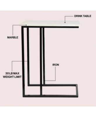Caius 24.25" Designer Industrial Metal C-Shaped End Table and Side Couch Table with White Marble Top