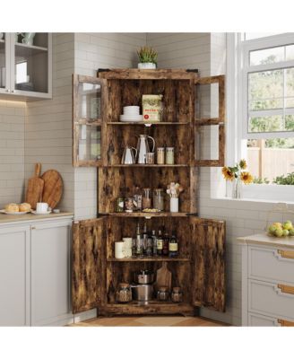 Tall Corner Cabinet, Farmhouse Corner Storage Cabinet with Glass Door & Adjustable Shelves, Space Saving Storage