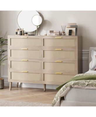 Rattan 8-Drawer Double Dresser, Modern Wood Storage Chest with Gold Handles for Bedroom, Living Room, Closet, or Entryway