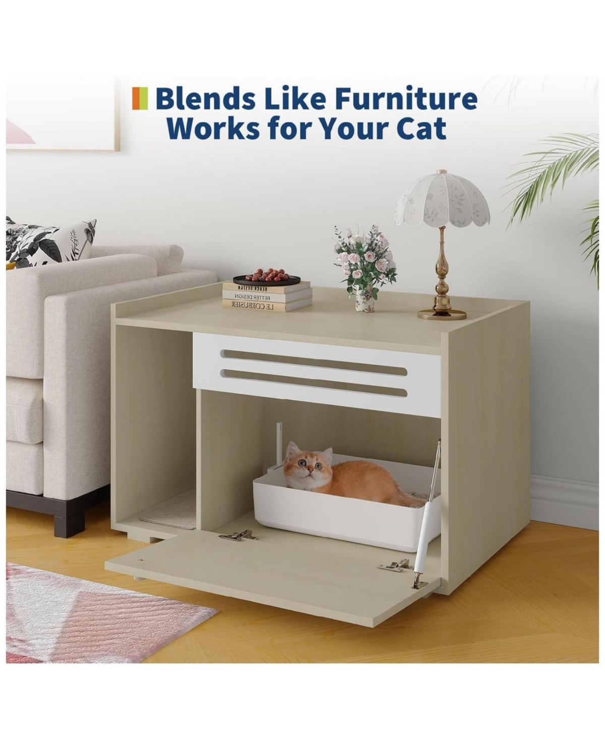 gaomon Modern Litter Box Enclosure Cabinet, Concealed Litter Box with Vent Door/Left Side Storage Drawer