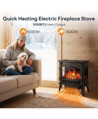 Freestanding Electric Fireplace Stove with Realistic Flame, 5100 BTU Electric Fireplace Heater with Retro Design, 1000W/1500W