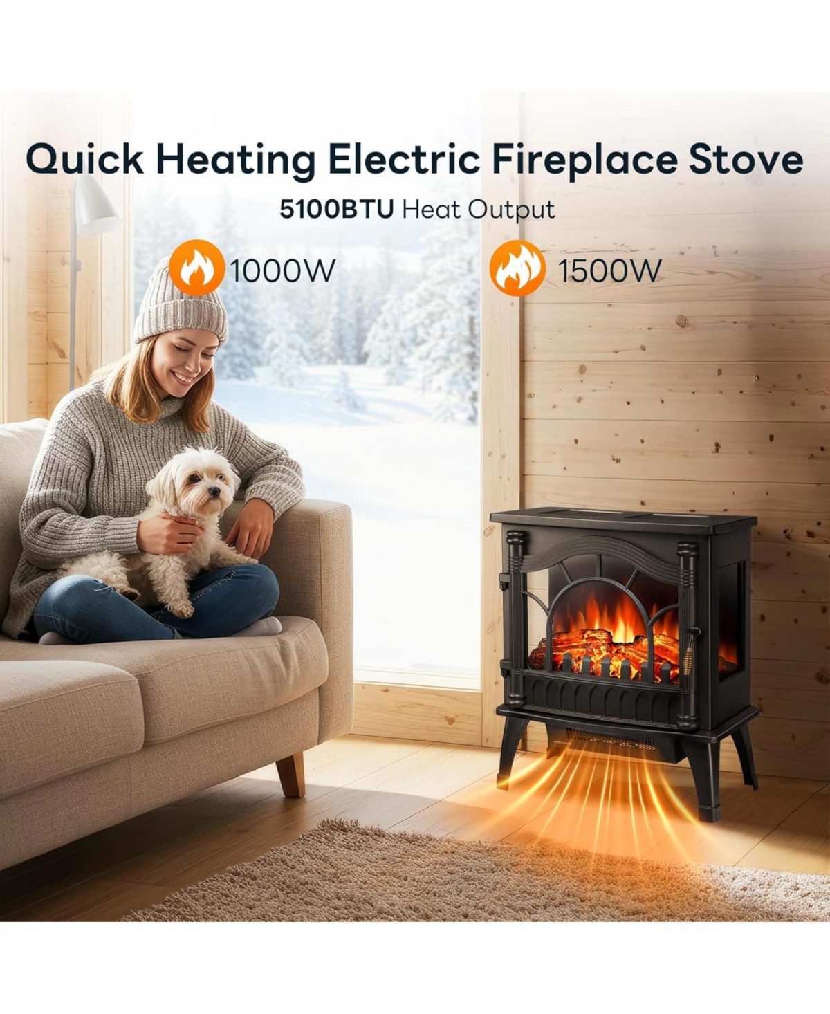 Cowsar Freestanding Electric Fireplace Stove with Realistic Flame, 5100 Btu Electric Fireplace Heater with Retro Design, 1000W/1500W