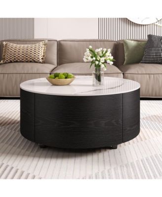Modern Round Movable Coffee Table with Casters, 2 Drawers, Marble Pattern Sintered Stone Top