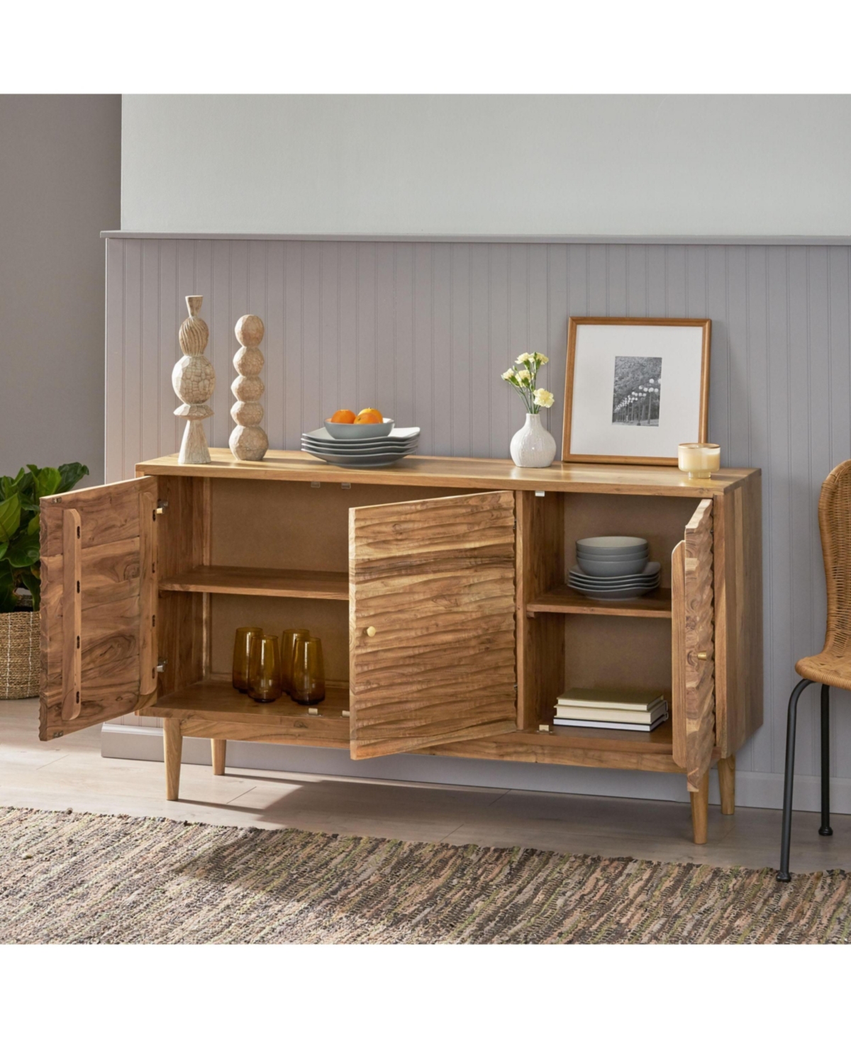 Lovmor Bohemian Style Sideboard with 3 Doors Handcrafted Mango Wood Acacia Frame