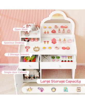 Kids Vanity Table and Chair Set with Cloud-shaped Mirror Open Shelf Storage Drawers