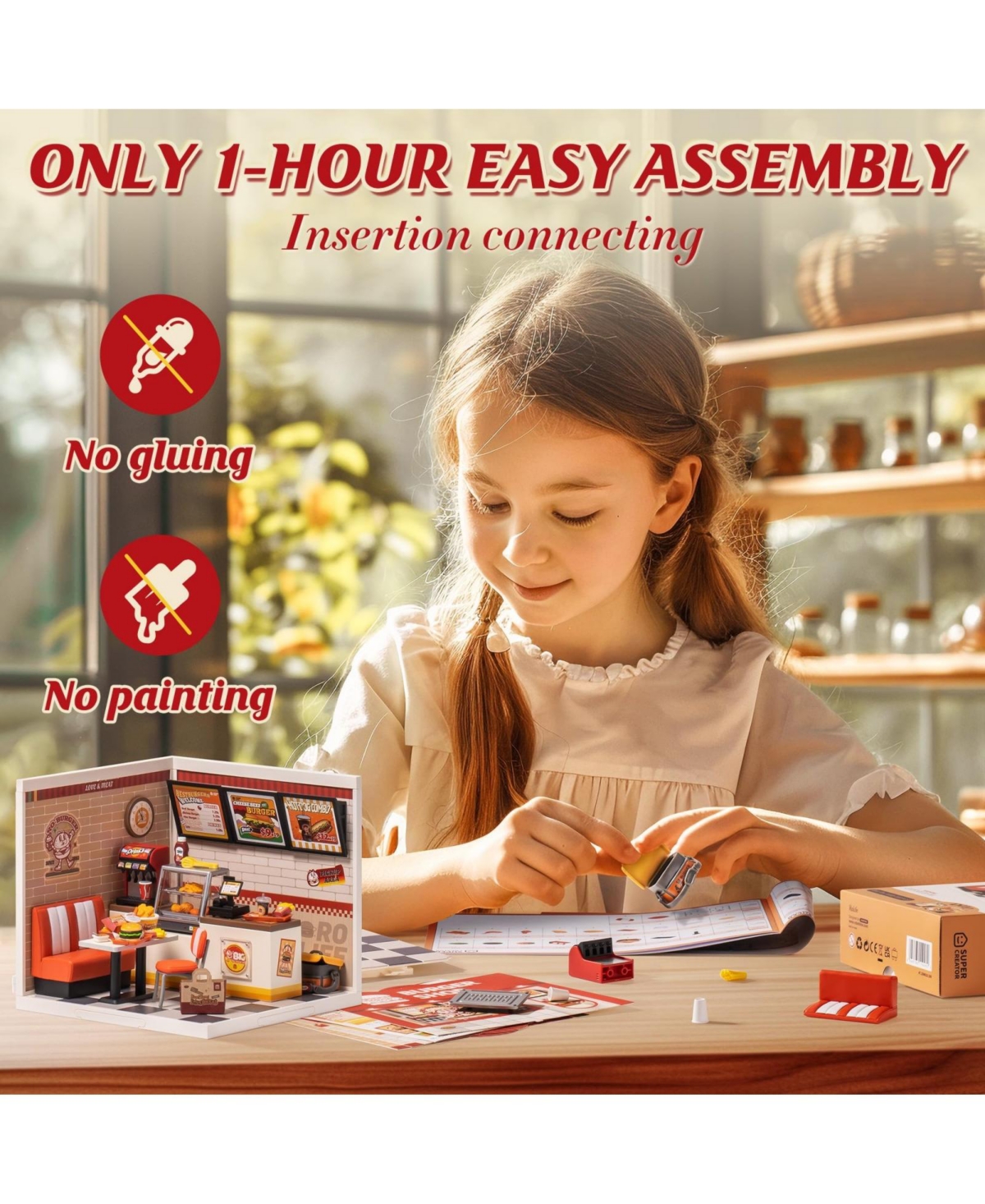 Robotime Diy Miniature Yum Yum Burgers House Building Set Toys Playset Suitable for Mini Figures Construction Toys Diorama Kit Gifts for Teens Adults