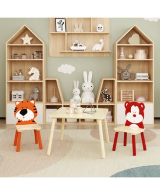 3-Piece Kids Table and Chair Set with Bear and Tiger Theme in Natural
