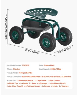SUGFIT Rolling Garden Scooter with Swivel Seat & Multi-compartment Tool Storage