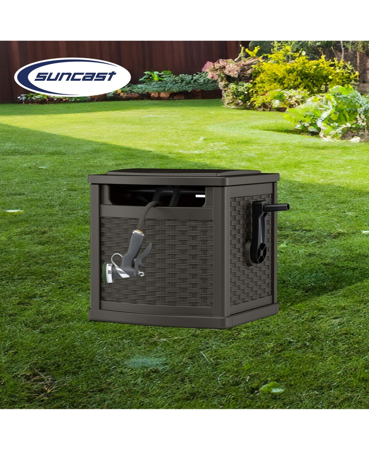 Suncast 150 Foot Slide Trak Outdoor Garden Water Hose Hideaway for Patio, Java