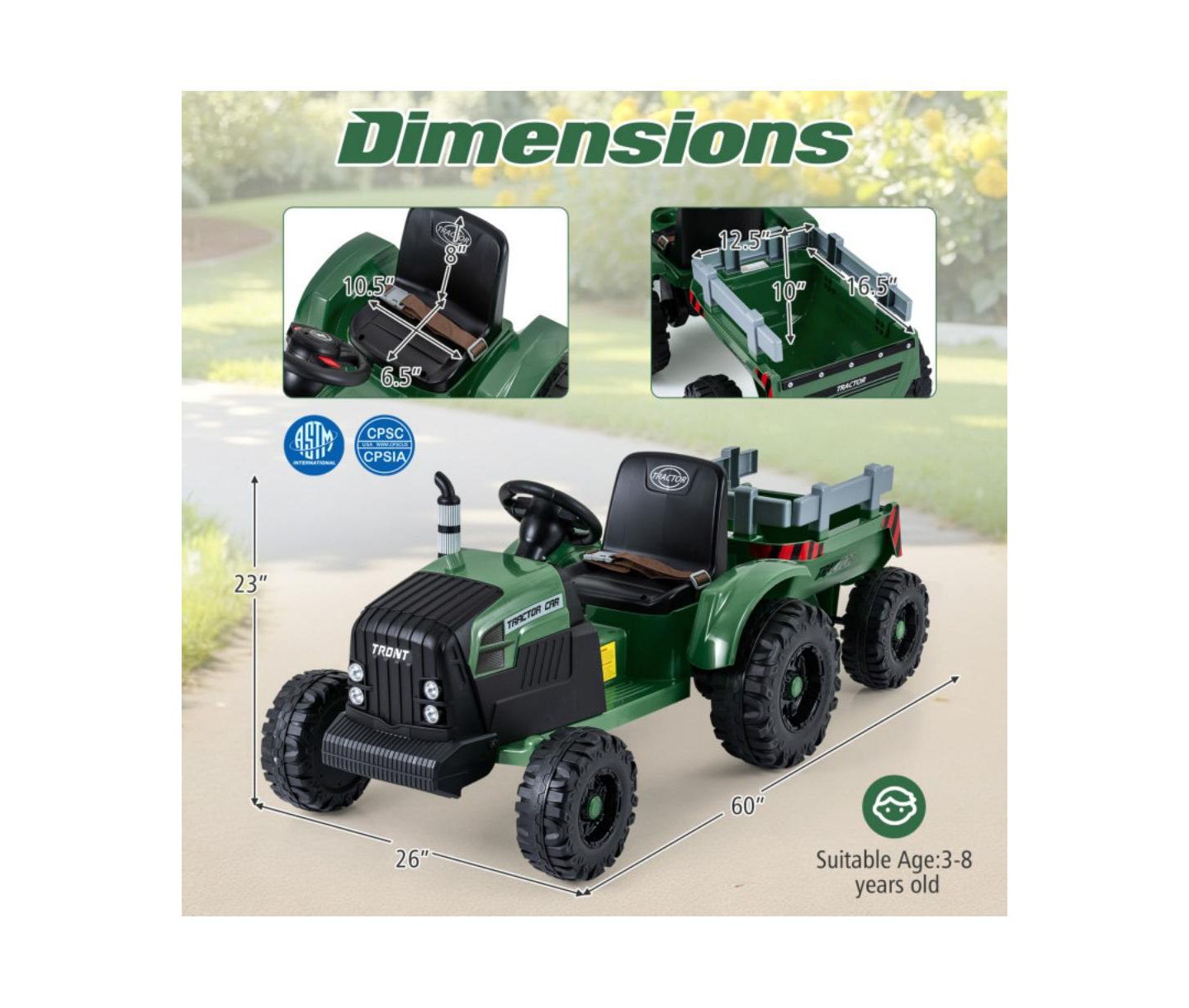 Детская игрушка HONGGE 24V Kids Ride On Tractor with Detachable Trailer, цвет: Тёмный зелёный — фото 6