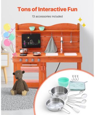 Wooden Outdoor Mud Kitchen for Kids with Sink Stove and Pots