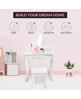 Kids' Vanity Set with Adjustable Mirror, Pretend Play Vanity Table and Stool with Wood Makeup Set