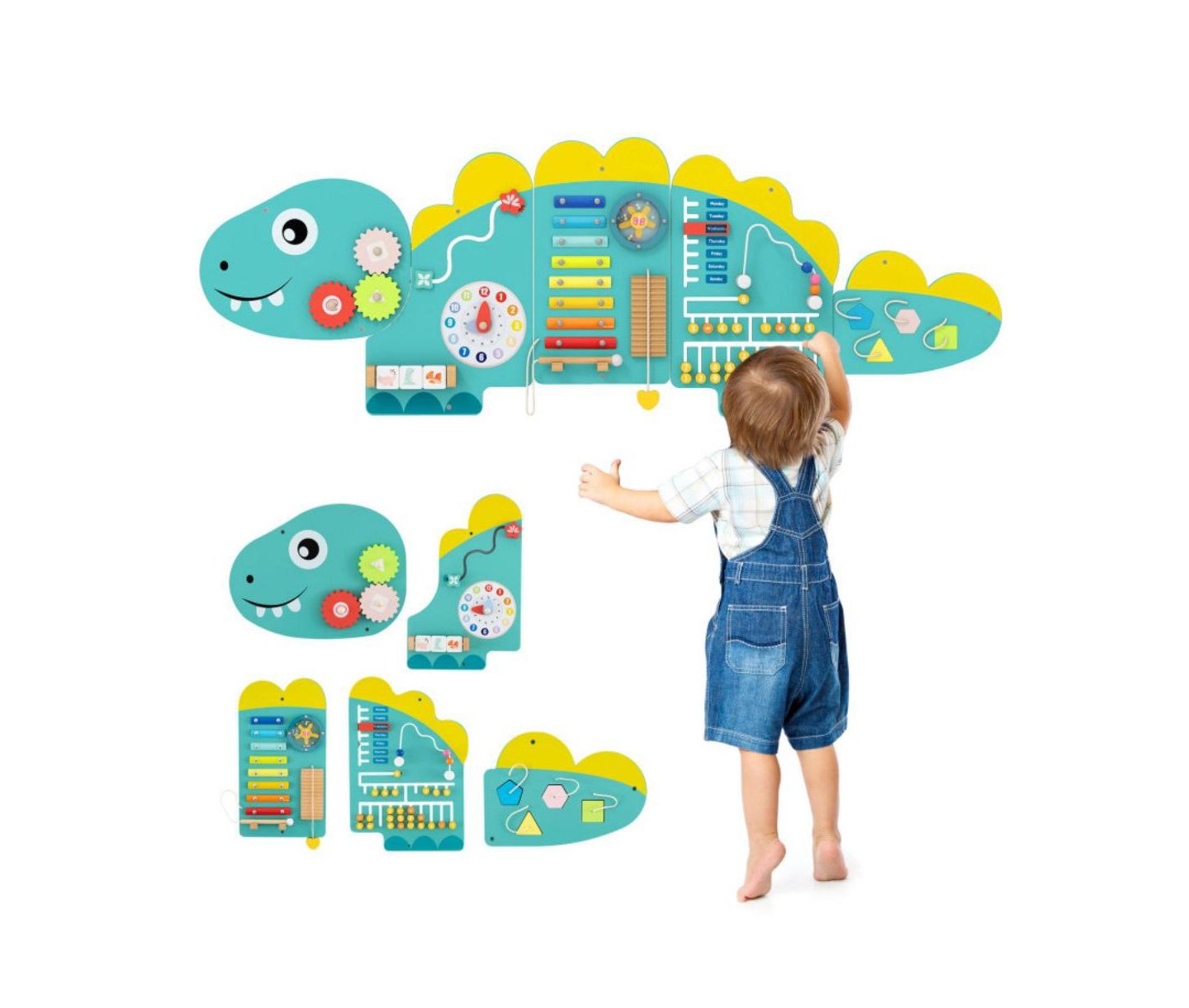 Детская игрушка HONGGE Dinosaur 11-in-1 Montessori-Inspired Wall Activity Board, Ages 3+, цвет: Зелёный — фото 1