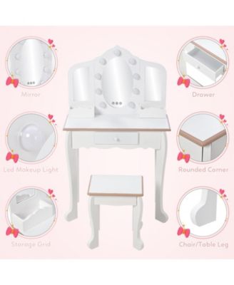 Kids Vanity with Lighted Mirror, Little Girls Vanity Table & Stool, Kids Makeup with Tri-Fold Mirror, Drawer & Storage Grid for 3-9 Yrs Girls