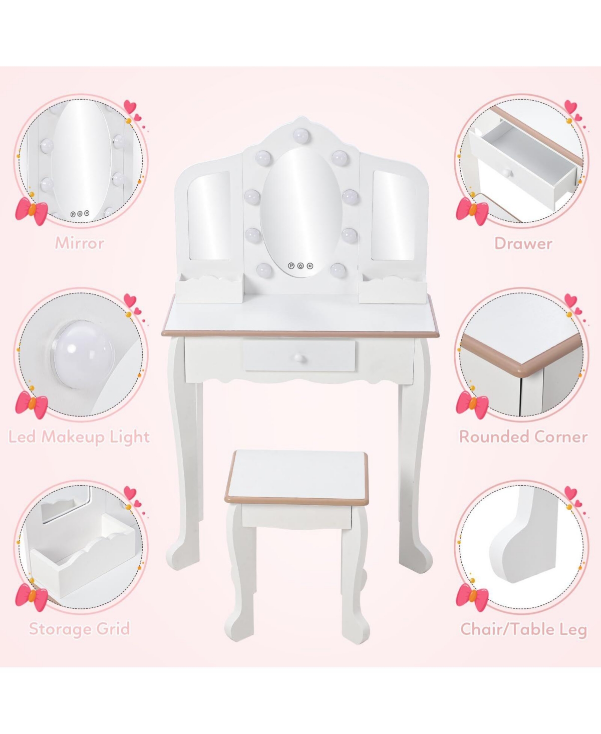 gaomon Kids Vanity with Lighted Mirror, Little Girls Table & Stool, Makeup Tri-Fold Drawer Storage Grid for 3-9 Yrs