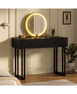 Vanity Desk with Mirror and Lights, Small Makeup Vanity with 2 Drawers, Modern Vanity Organizer with 3 Color Lights