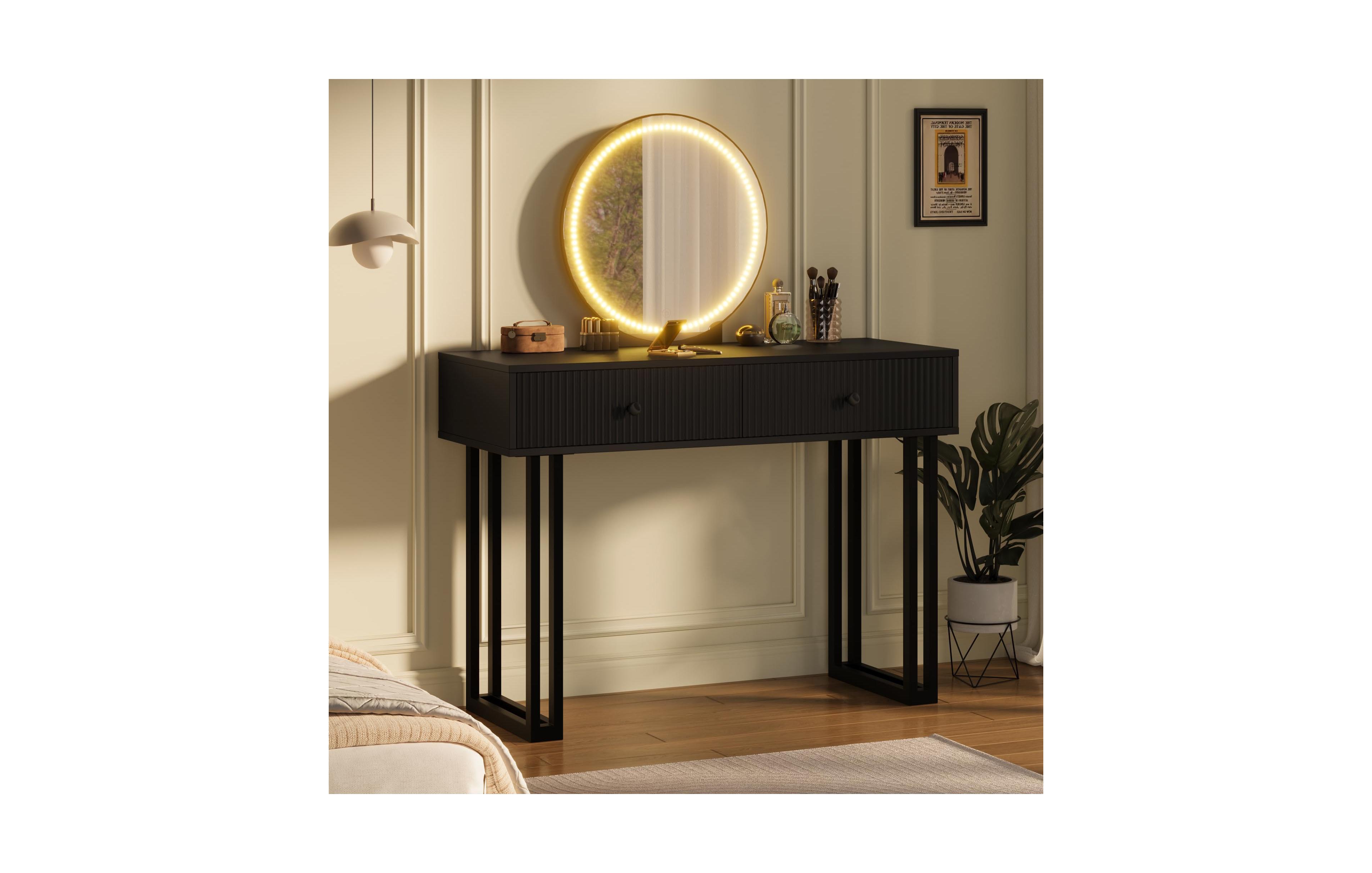 gaomon Vanity Desk with Mirror and Lights, Small Makeup 2 Drawers, Modern Organizer 3 Color Lights