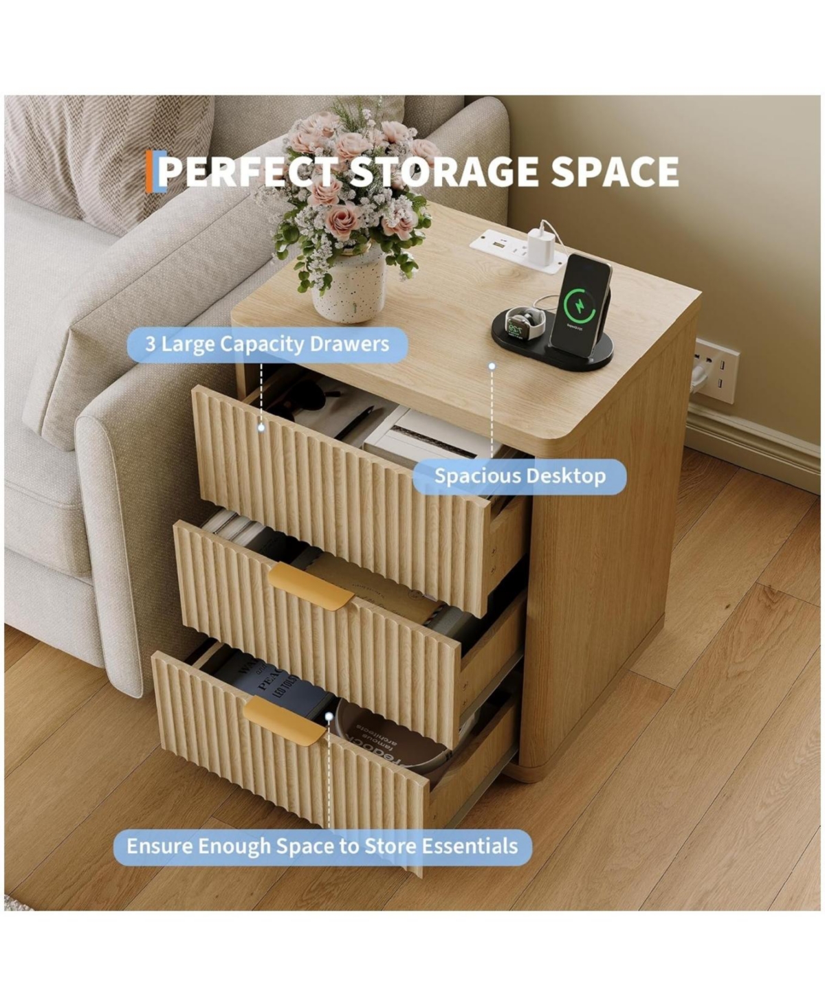 Gaomon Fluted Nightstand Set of 2, Bedside Table Built-in Charging Station, Featuring 3 Drawer & Open Storage Space, Mid Century Modern Night Stand