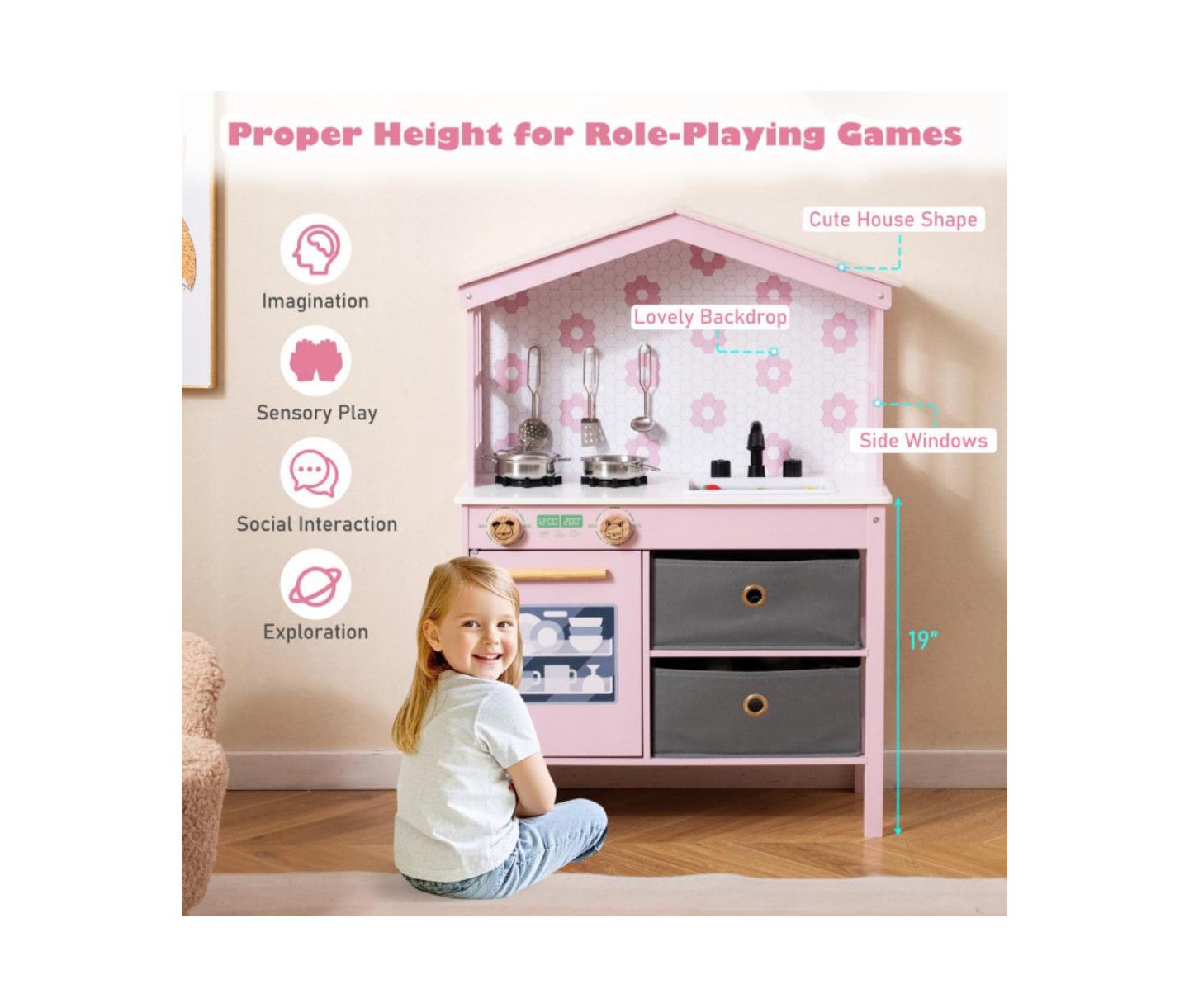 Детская игрушка HONGGE Dual Stoves Wooden Play Kitchen, Ages 3+, цвет: Розовый — фото 8