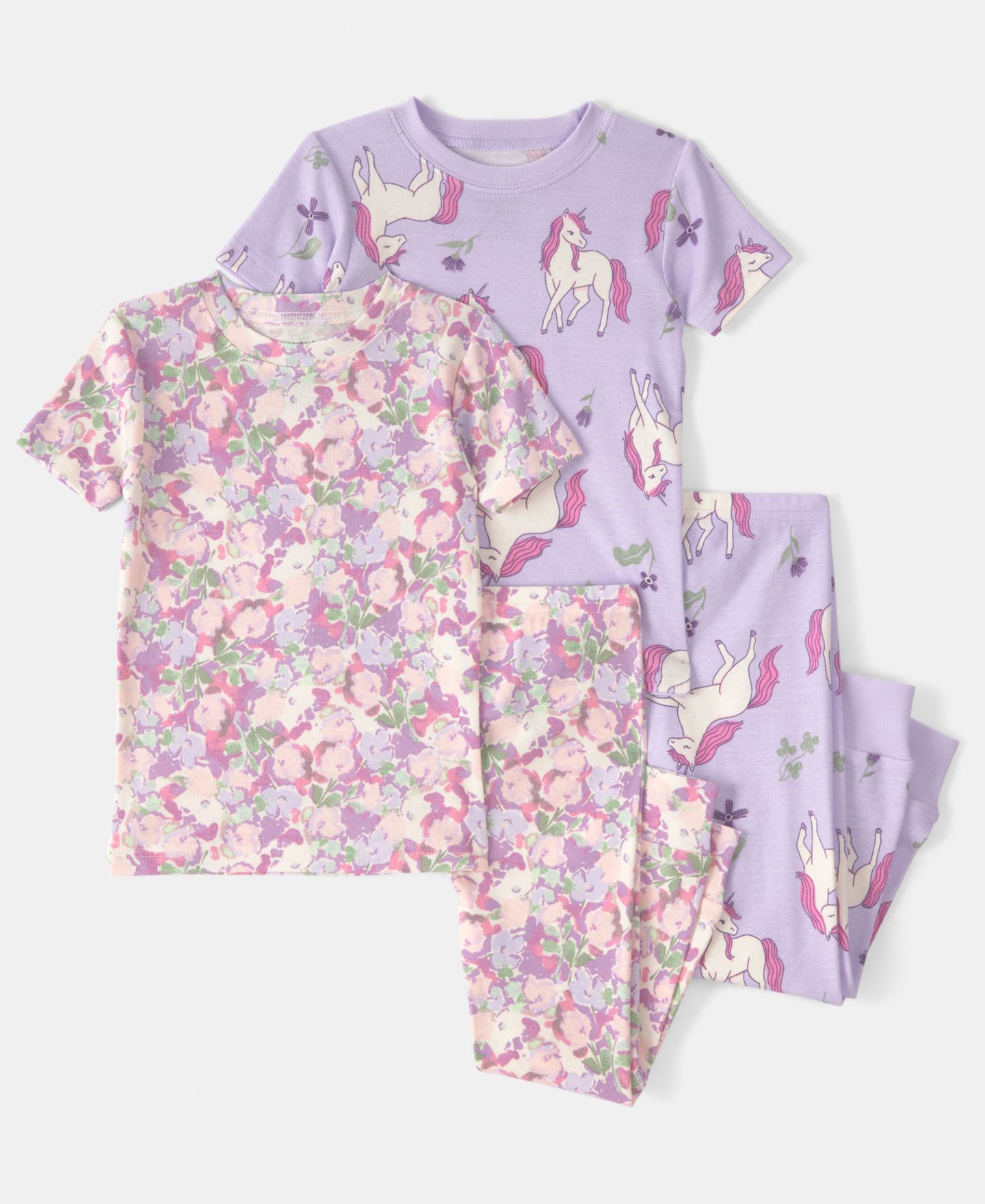 Детская пижама Carter's с единорогом и цветами: топ и брюки, набор из 4 шт., 2T-5T, цвет: Фиолетовый / Розовый — фото 1