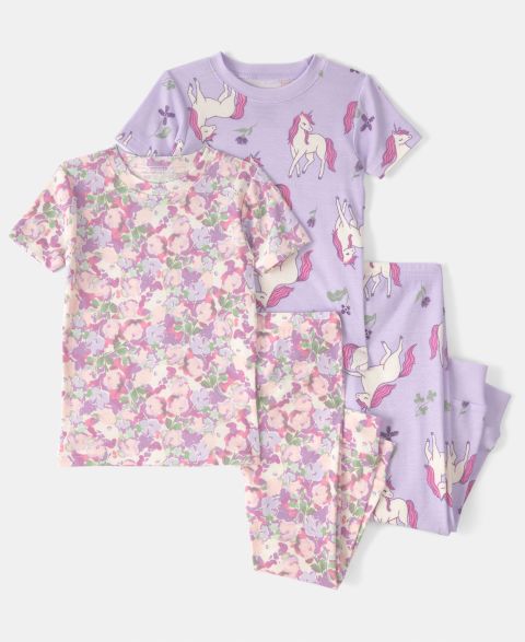 Детская пижама Carter's с единорогом и цветами: топ и брюки, набор из 4 шт., 2T-5T, цвет: Фиолетовый / Розовый