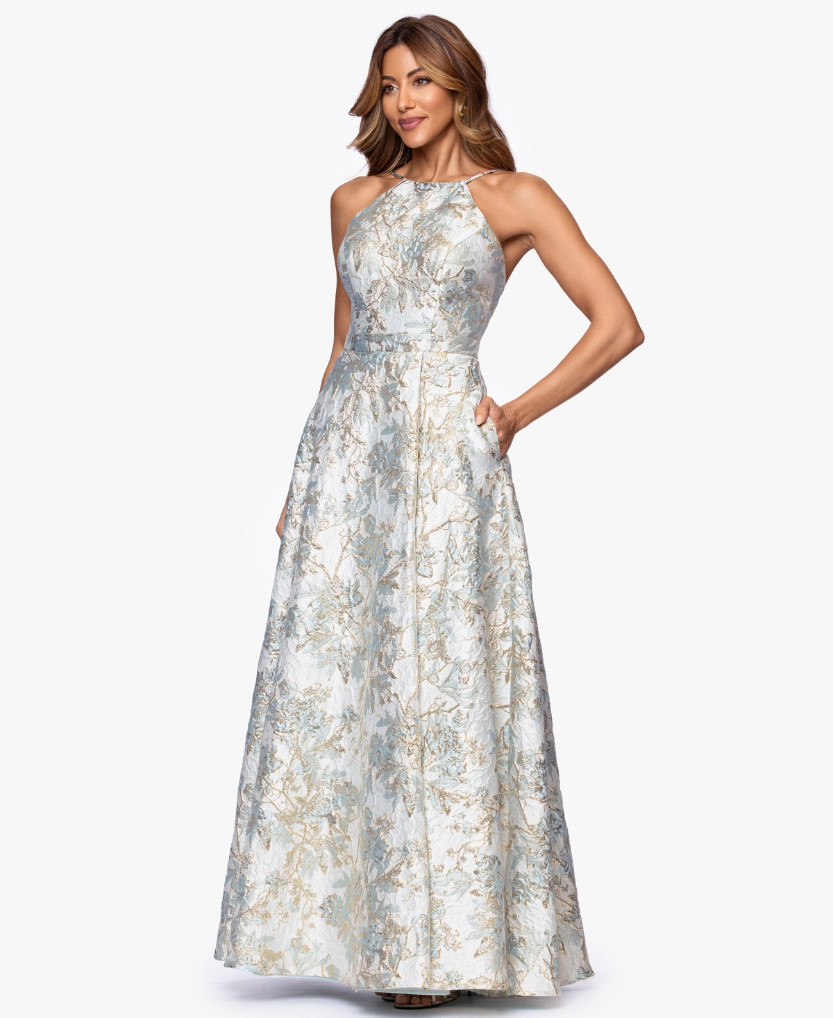 Xscape Petite Long Brocade Halter Neck Ball Gown