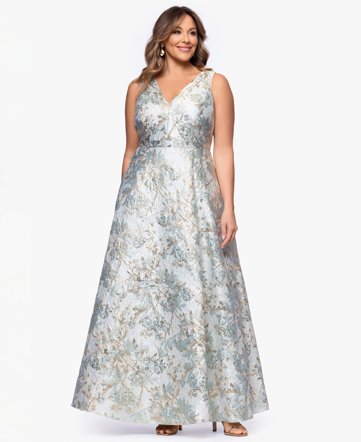 Xscape Plus V-Neck Glitter Brocade Long Ball Gown