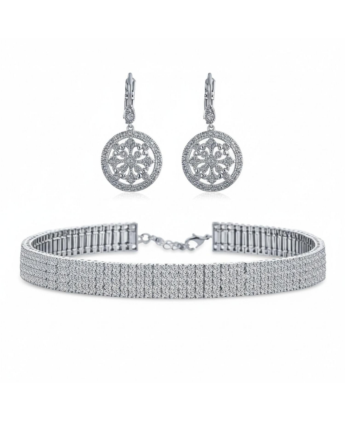 Bling Jewelry Holiday Wide 5 Row Crystal Statement Choker Necklace & Circle Round Compass Cubic Zirconia Cz Dangle Earring Jewelry Set