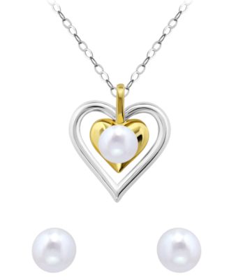 2-Pc. Two-Tone Freshwater Pearl Heart Pendant Necklace and Stud Earrings Set
